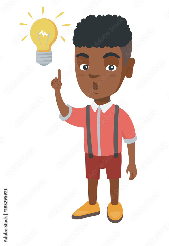 Sticker african smart little boy having a bright idea. clever boy with open mouth pointing forefinger at the