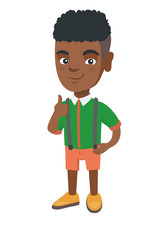 African-american little boy giving thumb up. Full length of smiling boy with thumb up. Cheerful boy showing thumb up. Vector sketch cartoon illustration isolated on white background.
