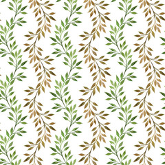 Fototapeta na wymiar Watercolor hand drawn illustration isolated on white background. Seamless watercolor pattern with leaves and branches for background, wallpaper, textile