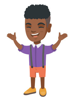 Cheerful african-american boy standing with hands raised in the air. Full length of happy boy raising his hands and celebrating success. Vector sketch cartoon illustration isolated on white background