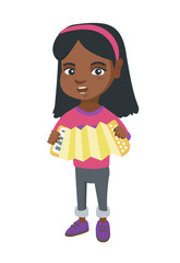 African-american smiling girl playing the accordion. Full length of little cheerful girl with the accordion. Vector sketch cartoon illustration isolated on white background.