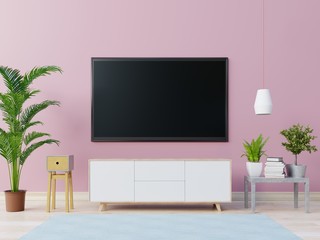 Smart TV on the cabinet in modern living room on pink wall background,3d rendering