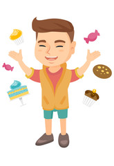 Happy little caucasian boy standing among lots of sweets. Full length of cheerful boy surrounded by cake, candies, cupcakes, cookie. Vector sketch cartoon illustration isolated on white background.