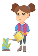 Caucasian girl wearing garden gloves and watering plant with a watering can. Little girl gardening and watering a plant. Vector sketch cartoon illustration isolated on white background.