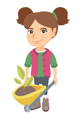 Caucasian girl pushing wheelbarrow with soil and plant. Little girl pulling wheelbarrow full of soil with plant. Vector sketch cartoon illustration isolated on white background.