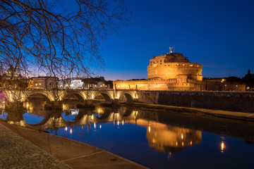Rome Sant' Angelo Castle and Saint Angelo Bridge by night