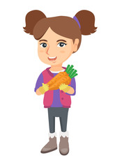 Caucasian girl holding fresh organic carrot in hands. Full length of little girl wearing garden gloves and holding carrot. Vector sketch cartoon illustration isolated on white background.