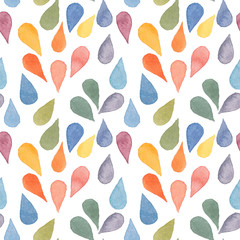 Abstract watercolor hand drawn colorful drops isolated on white background. Seamless pattern with drops for background, wallpaper, textile, card, wrapping paper.