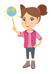 Caucasian girl holding a placard with planet. Full length of eco-friendly little girl with a placard with earth at the rally. Vector sketch cartoon illustration isolated on white background.