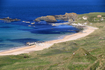 piaszczysta plaża skały i trawy na wybrzeżu irlandii północnej w słoneczny dzień