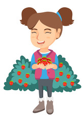 Caucasian girl holding the berries of fresh strawberries in her hands. Little cheerful girl with handful of strawberries. Vector sketch cartoon illustration isolated on white background.