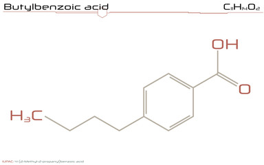 Large and detailed infographic of the molecule of Butylbenzoic acid