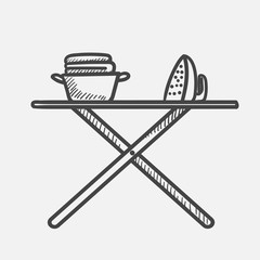 Vector hand drawn Iron and basket with clothes on ironing board outline doodle icon. Ironing sketch illustration for print, web, mobile and infographics isolated on white background.