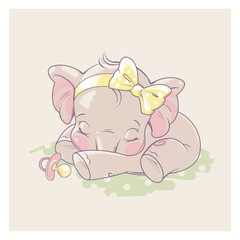 Obraz na płótnie Canvas Cute little newborn baby elephant girl sleeping. Cartoon character of baby girl of 1 - 6 months old, with pacifier. Happy healthy child. Pastels colors vector illustration