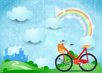 Surreal landscape with hanging clouds, city and bike