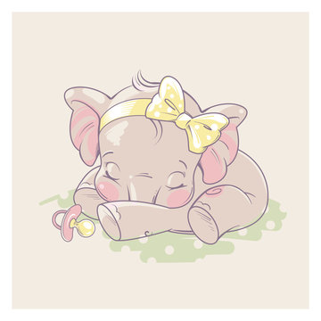 Cute little newborn baby elephant girl sleeping. Cartoon character of baby girl of 1 - 6 months old, with pacifier. Happy healthy child. Pastels colors vector illustration