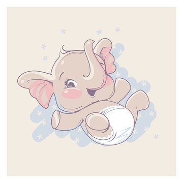 Cute little newborn baby elephant girl lying on back . Cartoon character of baby girl of 1 - 6 months old, wearing diaper. Happy laughing toddler. Pastels color vector illustration.