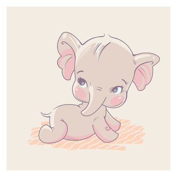 Cute little baby elephant lying on stomach, learn to crawl. Baby girl of 3-9 months. Pastels color vector illustration.
