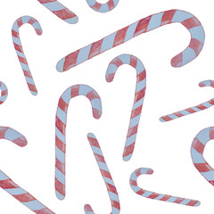 Obraz premium Seamless pattern of caramel canes with red stripes painted in watercolor on a white background