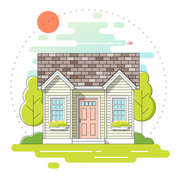 Small house and beautiful rural landscape day scene background in flat line art style , vector , illustration