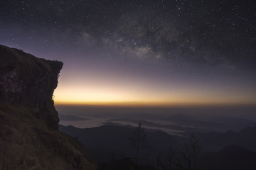 The milky way galaxy on the mountain. Phu Chi fa National Park. Chiang Rai Thailand