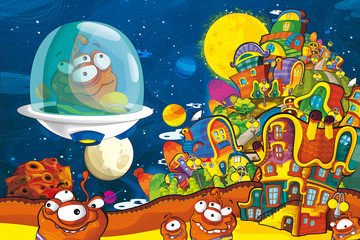 cartoon scene with some funny looking alien flying in alien machine - white background - illustration for children