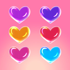 Vector illustration set of shiny rainbow colors soap heart bubbles with sparkles reflection for postcards, compliment, banner, poster