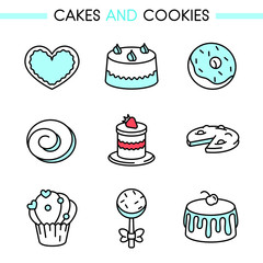 Cakes and cookies icon set. Includes: honey-cake, bise cake, donut, cheesecake, strawberry cake, chocolate chip cookies, muffin, cupcake for web, mobile app, logo, infographics. Lines without expand