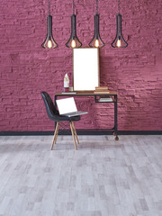 claret red home office with brick wall decoration black lamp study desk style.