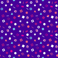 Abstract seamless vector memphis pattern for girls, boys, clothes. Creative background with dots, geometric figures Funny wallpaper for textile and fabric. Fashion style. Colorful bright