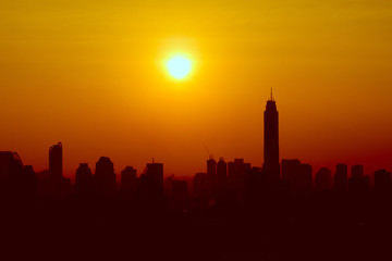 Silhouette of downtown Bangkok at sunset