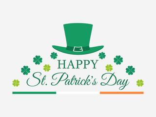Happy St. Patrick's Day. Leprechaun hat and green clover leaves. Festive banner, greeting card. Typography design. Vector illustration