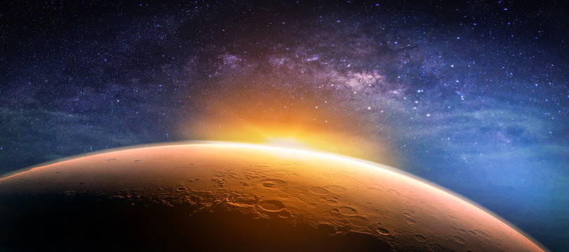 Fototapeta Landscape with Milky way galaxy. Sunrise and planet view from space with Milky way galaxy. (Elements of this image furnished by NASA)