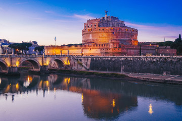 Night view of Sant' Angelo Castle in Rome, Italy