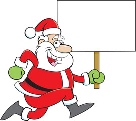 Cartoon illustration of a Santa Claus running while holding a sign.