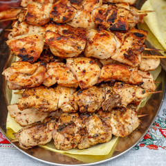 Barbecue grill-barbecue grill. appetizing shish kebab on metal grill. kebabs cook on charcoal in the open air. Marinated meat.