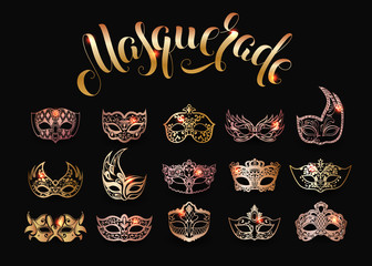 Vector collection of gold masquerade masks isolated on black background - obrazy, fototapety, plakaty