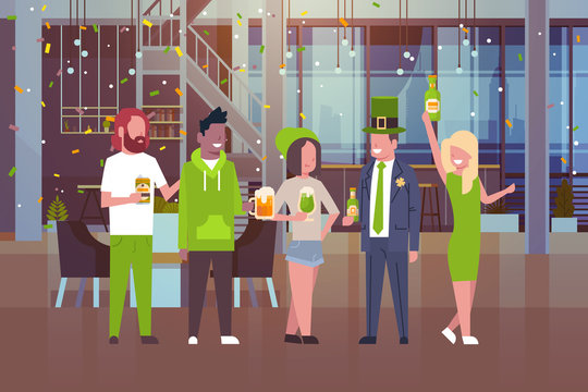 Party For St. Patricks Day Young People In Green Costumes Drinking Beer And Communicating Flat Vector Illustration