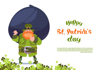 Happy St. Patricks Day Greeting Card Template Background With Leprechaun Holding Big Bag Of Coins Flat Vector Illustration