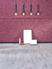 claret red brick wall background black decorative lamp and parquet style interior concept with...