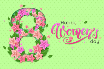 Happy Woman's Day greeting card decorated elegant calligraphic inscription, spring flowers and leaves vector illustration