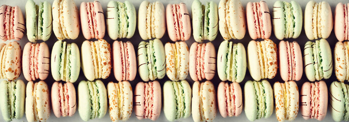 Colorful french macaroons flat lay. Pastel colors pink, green, yellow macarons with copy space, top view. Holidays and celebrations concept. Sweet gift for woman, girl. Banner