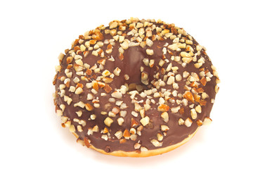 Donut with chocolate and chopped almonds isolated on white