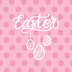 Happy Easter Hand Drawn Lettering Greeting Card Holiday Calligraphy Pink Dotted Background Vector Illustration