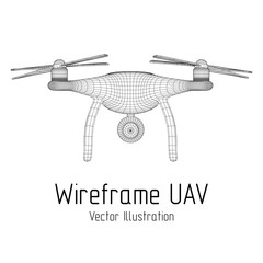 Remote control air drone. Dron flying with action video camera. Wireframe low poly mesh vector illustration