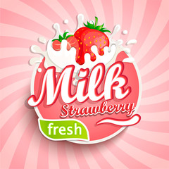 Logo, label of fresh strawberry milk on sunburst background. Milky splashing with drops from falling delicious strawberries. Vector illustration for your design, packaging and advertising.