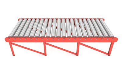 Regular empty roller conveyor section. 3d render isolated on white