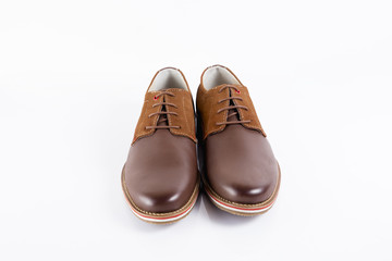 Male brown leather shoe on white background, isolated product, comfortable footwear.
