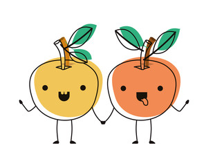 orange couple fresh and citrus fruit kawaii characters vector illustration design