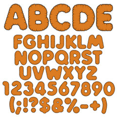 Shaggy color alphabet, letters, numbers and signs. Isolated vector objects on white background.